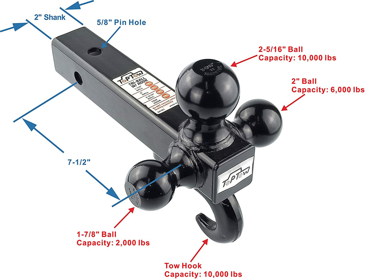 TOPTOW 64181L Trailer Receiver Hitch Triple Ball Mount with Hook