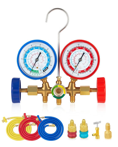 Orion Motor Tech AC Gauges, Automotive AC Gauge Set for R134a R12 R22 R502, 3 Way AC Manifold Gauge Set with 5FT Hoses Couplers & Adapter, R134A Can Tap Freon Recharge Kit for HVAC