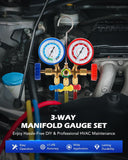 Orion Motor Tech AC Gauges, Automotive AC Gauge Set for R134a R12 R22 R502, 3 Way AC Manifold Gauge Set with 5FT Hoses Couplers & Adapter, R134A Can Tap Freon Recharge Kit for HVAC