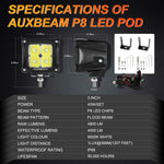 Auxbeam FA Series 3 Inch LED Pods Flood Beam 40W 4800LM Offroad Cube Light Bar