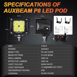 Auxbeam FA Series 3 Inch LED Pods Flood Beam 40W 4800LM Offroad Cube Light Bar