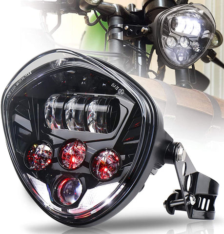 MOVOTOR 7inch Motorcycle Headlight with Bracket Clamp Red Background White DRL Hi/Low Beam for Universal Motorcycle Harley Honda Yamaha Triumph Cafe Racer