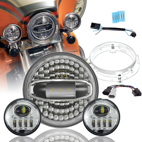 Motorcycle 7" LED Headlight with Halo for Harley Davidson Road King, Road Glide, Street Glide and Electra Glide,Ultra Limited with 4-1/2 LED Passing Lamps Fog Lights and Bracket Mounting Ring